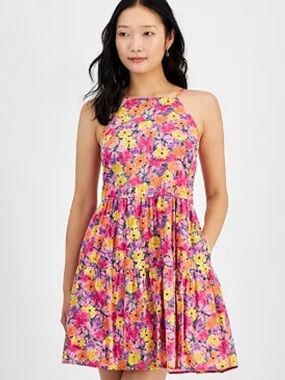 On 34th Floral Tiered Mini Dress Large Pink Smocked Back NWT Cottagecore